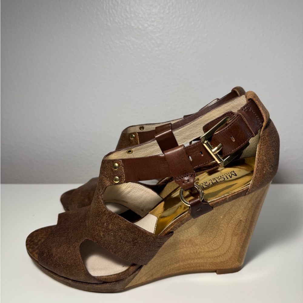 Michael Kors Brown Leather Wedge Sandals - Picture 4 of 5
